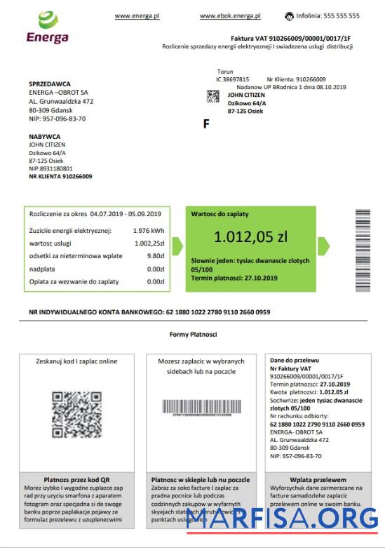 Realistic Poland Energa utility bill template in Word and PDF format